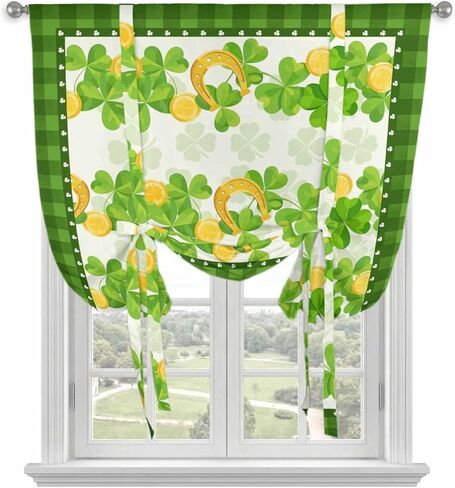 St. Patrick's Day Tie Up Curtains for Window, Spring Green Lucky Clovers Leaves Plaid Thermal Balloon Shade Adjustable Rod Pocket Curtains Valance Panels for Kitchen Bathroom Café 42'' x 54'' in Saudi Arabia