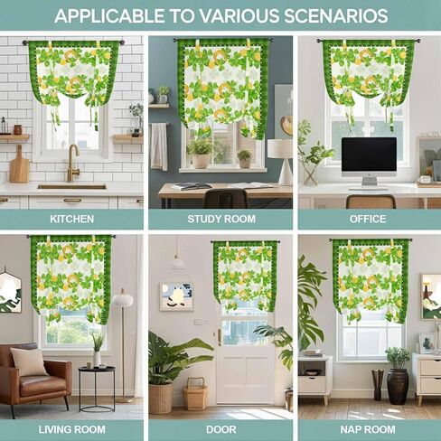 St. Patrick's Day Tie Up Curtains for Window, Spring Green Lucky Clovers Leaves Plaid Thermal Balloon Shade Adjustable Rod Pocket Curtains Valance Panels for Kitchen Bathroom Café 42'' x 54'' in Saudi Arabia