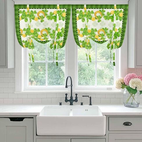 St. Patrick's Day Tie Up Curtains for Window, Spring Green Lucky Clovers Leaves Plaid Thermal Balloon Shade Adjustable Rod Pocket Curtains Valance Panels for Kitchen Bathroom Café 42'' x 54'' in Saudi Arabia