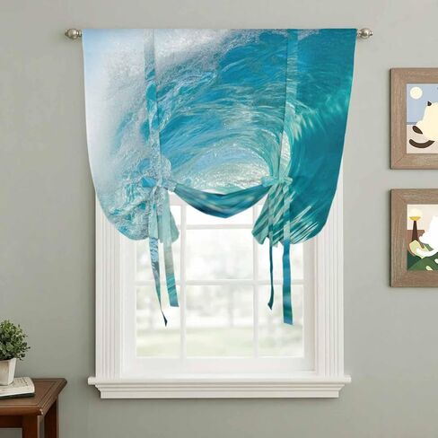 Teal Blue Coastal Wave Tie Up Curtains for Window, Modern Summer Ocean Beach Sea Thermal Insulated Balloon Shade Adjustable Rod Pocket Curtains Valance Panels for Kitchen Bathroom Café 42'' x 45'' in Saudi Arabia
