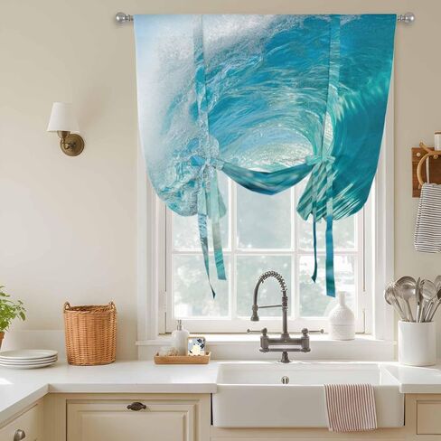 Teal Blue Coastal Wave Tie Up Curtains for Window, Modern Summer Ocean Beach Sea Thermal Insulated Balloon Shade Adjustable Rod Pocket Curtains Valance Panels for Kitchen Bathroom Café 42'' x 45'' in Saudi Arabia