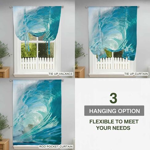 Teal Blue Coastal Wave Tie Up Curtains for Window, Modern Summer Ocean Beach Sea Thermal Insulated Balloon Shade Adjustable Rod Pocket Curtains Valance Panels for Kitchen Bathroom Café 42'' x 45'' in Saudi Arabia