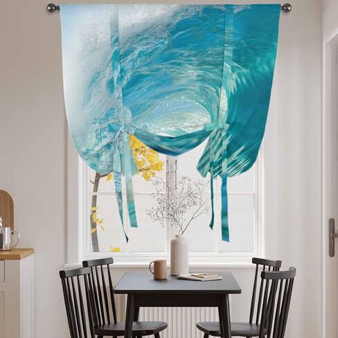 Teal Blue Coastal Wave Tie Up Curtains for Window, Modern Summer Ocean Beach Sea Thermal Insulated Balloon Shade Adjustable Rod Pocket Curtains Valance Panels for Kitchen Bathroom Café 42'' x 45'' in Saudi Arabia