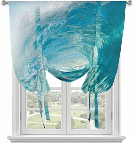 Teal Blue Coastal Wave Tie Up Curtains for Window, Modern Summer Ocean Beach Sea Thermal Insulated Balloon Shade Adjustable Rod Pocket Curtains Valance Panels for Kitchen Bathroom Café 42'' x 45'' in Saudi Arabia