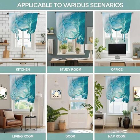 Teal Blue Coastal Wave Tie Up Curtains for Window, Modern Summer Ocean Beach Sea Thermal Insulated Balloon Shade Adjustable Rod Pocket Curtains Valance Panels for Kitchen Bathroom Café 42'' x 45'' in Saudi Arabia