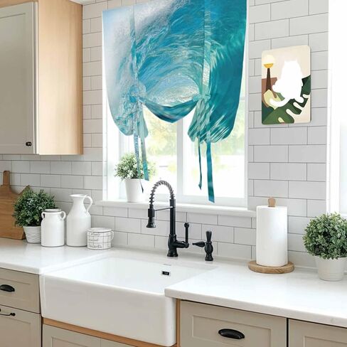 Teal Blue Coastal Wave Tie Up Curtains for Window, Modern Summer Ocean Beach Sea Thermal Insulated Balloon Shade Adjustable Rod Pocket Curtains Valance Panels for Kitchen Bathroom Café 42'' x 45'' in Saudi Arabia