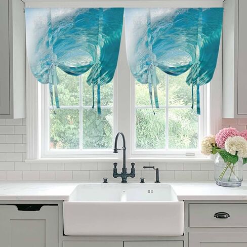 Teal Blue Coastal Wave Tie Up Curtains for Window, Modern Summer Ocean Beach Sea Thermal Insulated Balloon Shade Adjustable Rod Pocket Curtains Valance Panels for Kitchen Bathroom Café 42'' x 45'' in Saudi Arabia