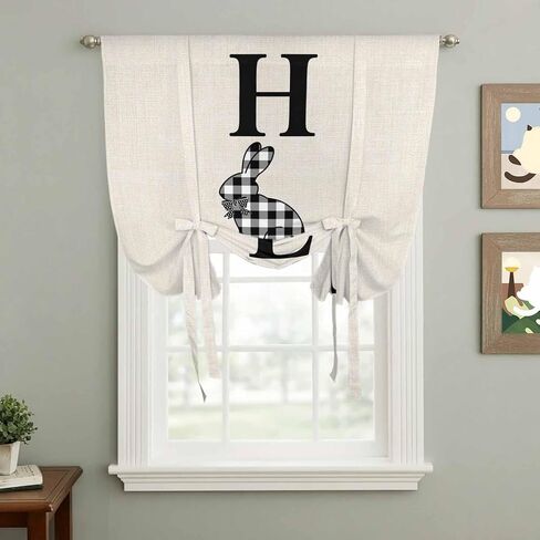 Easter Tie Up Curtains for Window, Farmhouse Vintage Black White Plaid Rabbit Thermal Insulated Balloon Shade Adjustable Rod Pocket Curtains Valance Panels for Kitchen Bathroom Café 42'' x 54'' in Saudi Arabia