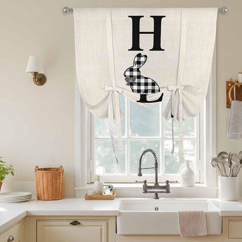 Easter Tie Up Curtains for Window, Farmhouse Vintage Black White Plaid Rabbit Thermal Insulated Balloon Shade Adjustable Rod Pocket Curtains Valance Panels for Kitchen Bathroom Café 42'' x 54'' in Saudi Arabia