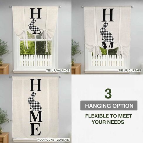 Easter Tie Up Curtains for Window, Farmhouse Vintage Black White Plaid Rabbit Thermal Insulated Balloon Shade Adjustable Rod Pocket Curtains Valance Panels for Kitchen Bathroom Café 42'' x 54'' in Saudi Arabia