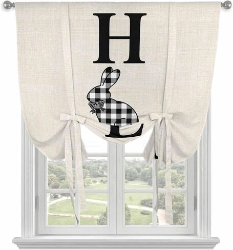 Easter Tie Up Curtains for Window, Farmhouse Vintage Black White Plaid Rabbit Thermal Insulated Balloon Shade Adjustable Rod Pocket Curtains Valance Panels for Kitchen Bathroom Café 42'' x 54'' in Saudi Arabia