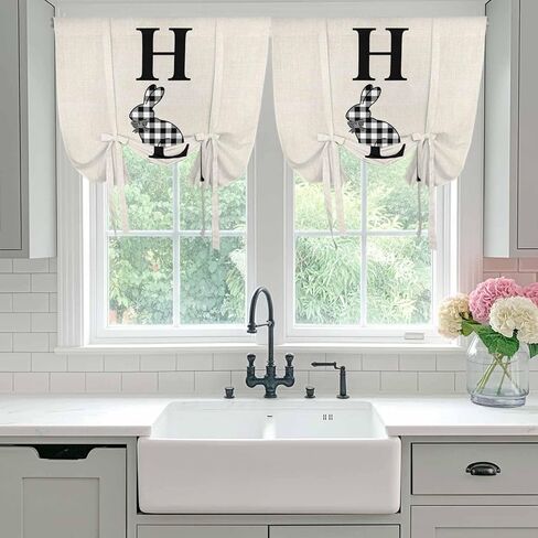 Easter Tie Up Curtains for Window, Farmhouse Vintage Black White Plaid Rabbit Thermal Insulated Balloon Shade Adjustable Rod Pocket Curtains Valance Panels for Kitchen Bathroom Café 42'' x 54'' in Saudi Arabia