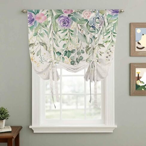 Eucalyptus Leaves Tie Up Curtains for Window, Sage Green Summer Botanical Weeping Thermal Insulated Balloon Shade Adjustable Rod Pocket Curtains Valance Panels for Kitchen Bathroom Café 42'' x 63'' in Saudi Arabia