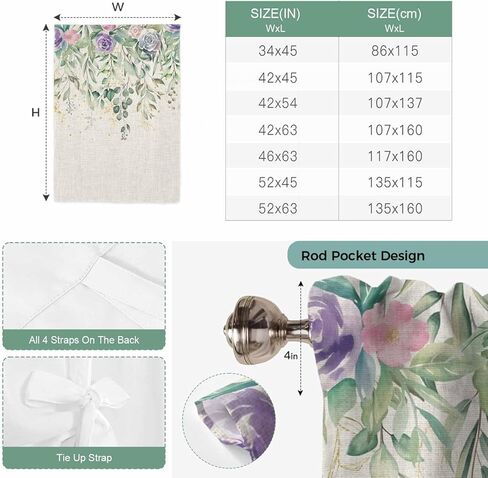 Eucalyptus Leaves Tie Up Curtains for Window, Sage Green Summer Botanical Weeping Thermal Insulated Balloon Shade Adjustable Rod Pocket Curtains Valance Panels for Kitchen Bathroom Café 42'' x 63'' in Saudi Arabia