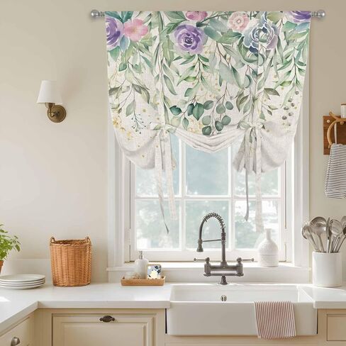 Eucalyptus Leaves Tie Up Curtains for Window, Sage Green Summer Botanical Weeping Thermal Insulated Balloon Shade Adjustable Rod Pocket Curtains Valance Panels for Kitchen Bathroom Café 42'' x 63'' in Saudi Arabia