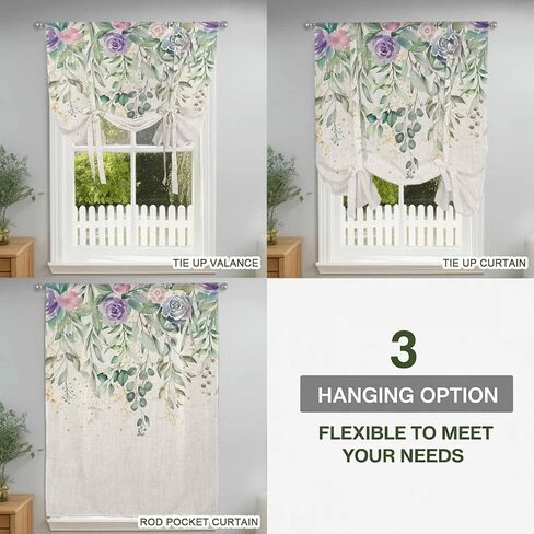 Eucalyptus Leaves Tie Up Curtains for Window, Sage Green Summer Botanical Weeping Thermal Insulated Balloon Shade Adjustable Rod Pocket Curtains Valance Panels for Kitchen Bathroom Café 42'' x 63'' in Saudi Arabia