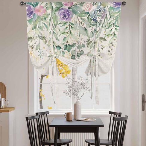 Eucalyptus Leaves Tie Up Curtains for Window, Sage Green Summer Botanical Weeping Thermal Insulated Balloon Shade Adjustable Rod Pocket Curtains Valance Panels for Kitchen Bathroom Café 42'' x 63'' in Saudi Arabia
