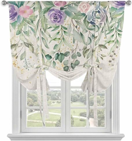 Eucalyptus Leaves Tie Up Curtains for Window, Sage Green Summer Botanical Weeping Thermal Insulated Balloon Shade Adjustable Rod Pocket Curtains Valance Panels for Kitchen Bathroom Café 42'' x 63'' in Saudi Arabia