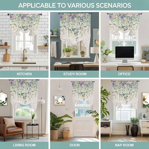 Eucalyptus Leaves Tie Up Curtains for Window, Sage Green Summer Botanical Weeping Thermal Insulated Balloon Shade Adjustable Rod Pocket Curtains Valance Panels for Kitchen Bathroom Café 42'' x 63'' in Saudi Arabia