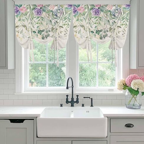 Eucalyptus Leaves Tie Up Curtains for Window, Sage Green Summer Botanical Weeping Thermal Insulated Balloon Shade Adjustable Rod Pocket Curtains Valance Panels for Kitchen Bathroom Café 42'' x 63'' in Saudi Arabia