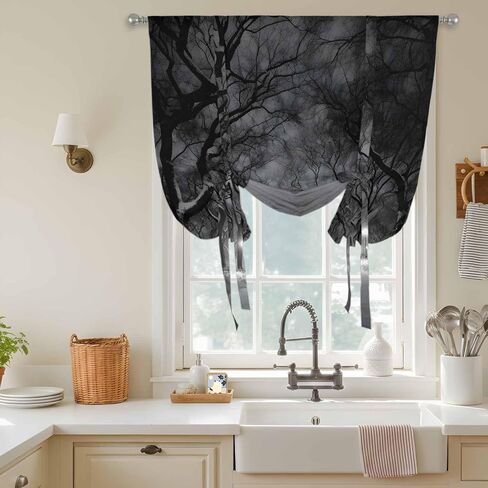 Winter Snowscape Tie Up Curtains for Window, Night Snow Landscape Trees Natural Thermal Insulated Balloon Shade Adjustable Rod Pocket Curtains Valance Panels for Kitchen Bathroom Café 52'' x 45'' in Saudi Arabia