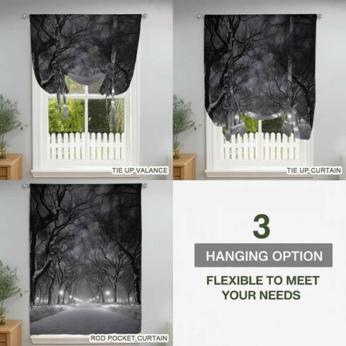 Winter Snowscape Tie Up Curtains for Window, Night Snow Landscape Trees Natural Thermal Insulated Balloon Shade Adjustable Rod Pocket Curtains Valance Panels for Kitchen Bathroom Café 52'' x 45'' in Saudi Arabia