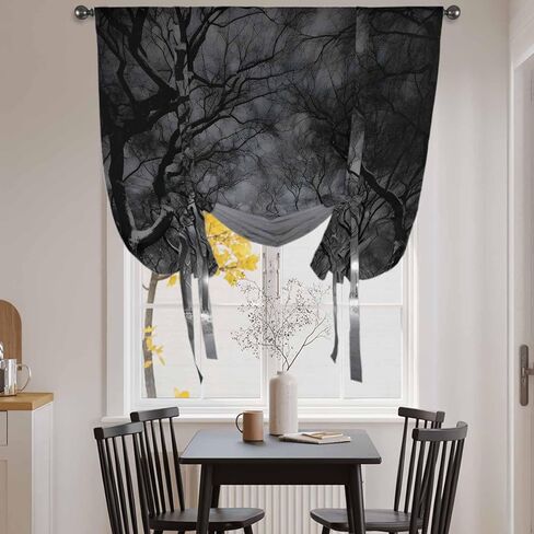 Winter Snowscape Tie Up Curtains for Window, Night Snow Landscape Trees Natural Thermal Insulated Balloon Shade Adjustable Rod Pocket Curtains Valance Panels for Kitchen Bathroom Café 52'' x 45'' in Saudi Arabia