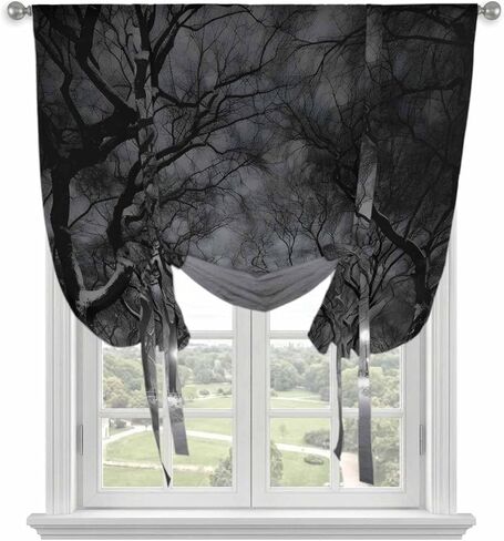 Winter Snowscape Tie Up Curtains for Window, Night Snow Landscape Trees Natural Thermal Insulated Balloon Shade Adjustable Rod Pocket Curtains Valance Panels for Kitchen Bathroom Café 52'' x 45'' in Saudi Arabia