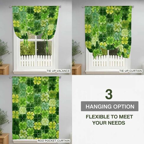 St. Patrick's Day Tie Up Curtains for Window, Watercolor Green Lucky Shamrocks Spring Leaves Thermal Balloon Shade Adjustable Rod Pocket Curtains Valance Panels for Kitchen Bathroom Café 42'' x 63'' in Saudi Arabia