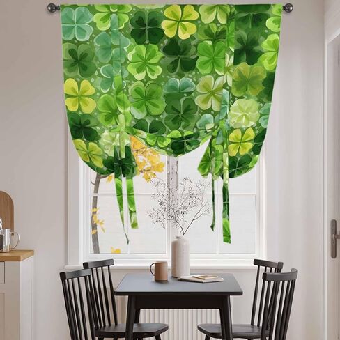 St. Patrick's Day Tie Up Curtains for Window, Watercolor Green Lucky Shamrocks Spring Leaves Thermal Balloon Shade Adjustable Rod Pocket Curtains Valance Panels for Kitchen Bathroom Café 42'' x 63'' in Saudi Arabia