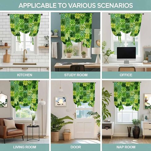 St. Patrick's Day Tie Up Curtains for Window, Watercolor Green Lucky Shamrocks Spring Leaves Thermal Balloon Shade Adjustable Rod Pocket Curtains Valance Panels for Kitchen Bathroom Café 42'' x 63'' in Saudi Arabia