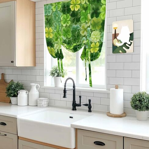 St. Patrick's Day Tie Up Curtains for Window, Watercolor Green Lucky Shamrocks Spring Leaves Thermal Balloon Shade Adjustable Rod Pocket Curtains Valance Panels for Kitchen Bathroom Café 42'' x 63'' in Saudi Arabia
