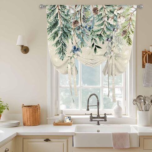 Green Christmas Tie Up Curtains for Window, Weeping Berry Pine Cones Rustic Thermal Insulated Balloon Shade Adjustable Rod Pocket Curtains Valance Panels for Kitchen Bathroom Café 42'' x 63'' in Saudi Arabia
