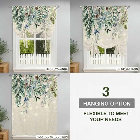 Green Christmas Tie Up Curtains for Window, Weeping Berry Pine Cones Rustic Thermal Insulated Balloon Shade Adjustable Rod Pocket Curtains Valance Panels for Kitchen Bathroom Café 42'' x 63'' in Saudi Arabia