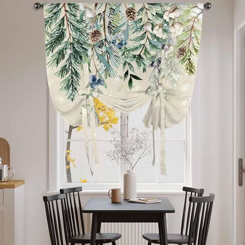 Green Christmas Tie Up Curtains for Window, Weeping Berry Pine Cones Rustic Thermal Insulated Balloon Shade Adjustable Rod Pocket Curtains Valance Panels for Kitchen Bathroom Café 42'' x 63'' in Saudi Arabia