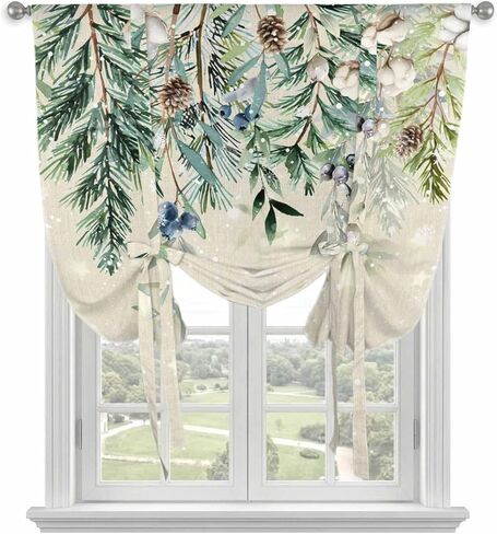 Green Christmas Tie Up Curtains for Window, Weeping Berry Pine Cones Rustic Thermal Insulated Balloon Shade Adjustable Rod Pocket Curtains Valance Panels for Kitchen Bathroom Café 42'' x 63'' in Saudi Arabia