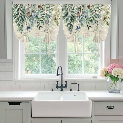 Green Christmas Tie Up Curtains for Window, Weeping Berry Pine Cones Rustic Thermal Insulated Balloon Shade Adjustable Rod Pocket Curtains Valance Panels for Kitchen Bathroom Café 42'' x 63'' in Saudi Arabia