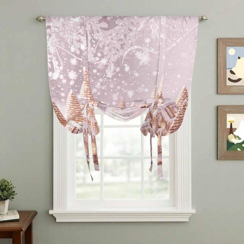 Pink Christmas Tie Up Curtains for Window, Xmas Farmhouse Snowflake Tree Cute Thermal Insulated Balloon Shade Adjustable Rod Pocket Curtains Valance Panels for Kitchen Bathroom Café 34'' x 45'' in Saudi Arabia