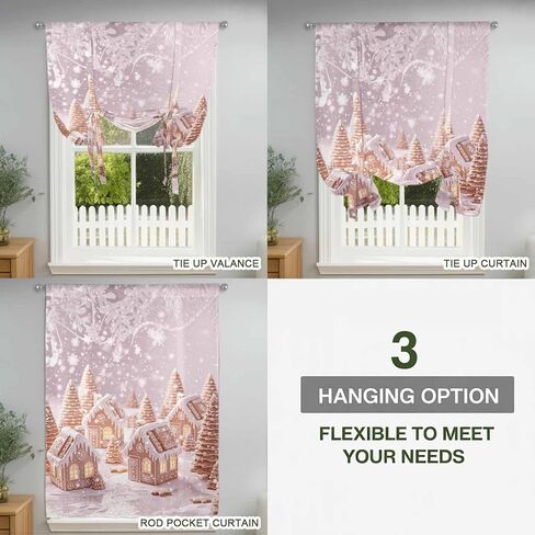 Pink Christmas Tie Up Curtains for Window, Xmas Farmhouse Snowflake Tree Cute Thermal Insulated Balloon Shade Adjustable Rod Pocket Curtains Valance Panels for Kitchen Bathroom Café 34'' x 45'' in Saudi Arabia