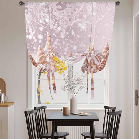 Pink Christmas Tie Up Curtains for Window, Xmas Farmhouse Snowflake Tree Cute Thermal Insulated Balloon Shade Adjustable Rod Pocket Curtains Valance Panels for Kitchen Bathroom Café 34'' x 45'' in Saudi Arabia