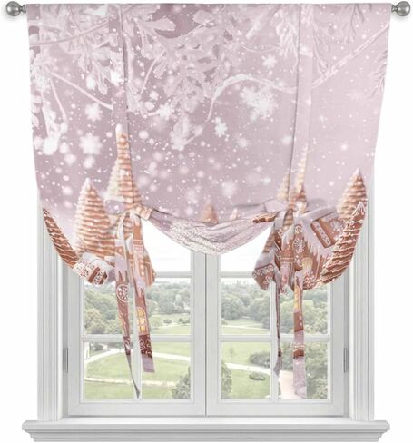 Pink Christmas Tie Up Curtains for Window, Xmas Farmhouse Snowflake Tree Cute Thermal Insulated Balloon Shade Adjustable Rod Pocket Curtains Valance Panels for Kitchen Bathroom Café 34'' x 45'' in Saudi Arabia