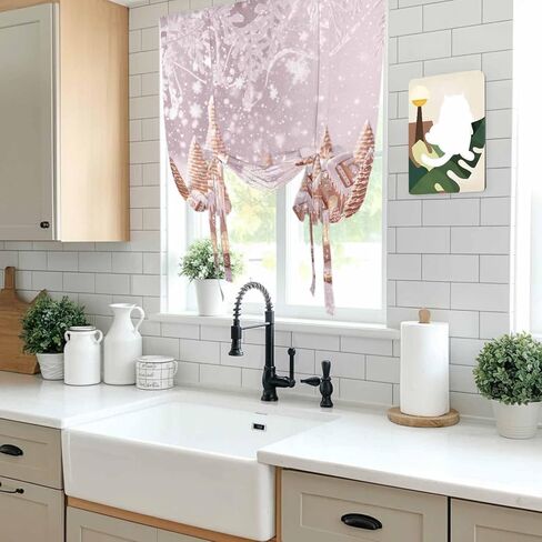 Pink Christmas Tie Up Curtains for Window, Xmas Farmhouse Snowflake Tree Cute Thermal Insulated Balloon Shade Adjustable Rod Pocket Curtains Valance Panels for Kitchen Bathroom Café 34'' x 45'' in Saudi Arabia