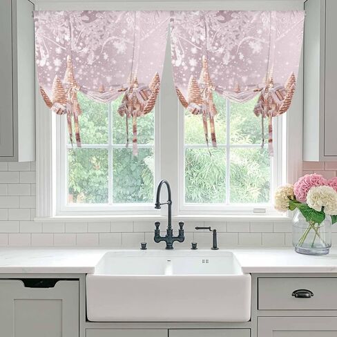 Pink Christmas Tie Up Curtains for Window, Xmas Farmhouse Snowflake Tree Cute Thermal Insulated Balloon Shade Adjustable Rod Pocket Curtains Valance Panels for Kitchen Bathroom Café 34'' x 45'' in Saudi Arabia
