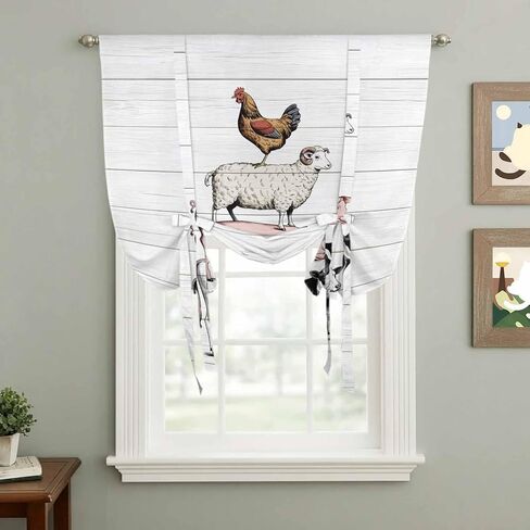 Farmhouse Wooden Grain Tie Up Curtains for Window, Modern Country Cow Pig Chicken Thermal Insulated Balloon Shade Adjustable Rod Pocket Curtains Valance Panels for Kitchen Bathroom Café 34'' x 45'' in Saudi Arabia