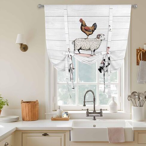 Farmhouse Wooden Grain Tie Up Curtains for Window, Modern Country Cow Pig Chicken Thermal Insulated Balloon Shade Adjustable Rod Pocket Curtains Valance Panels for Kitchen Bathroom Café 34'' x 45'' in Saudi Arabia