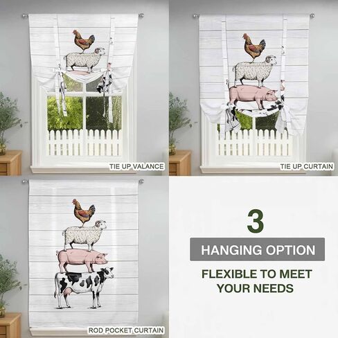 Farmhouse Wooden Grain Tie Up Curtains for Window, Modern Country Cow Pig Chicken Thermal Insulated Balloon Shade Adjustable Rod Pocket Curtains Valance Panels for Kitchen Bathroom Café 34'' x 45'' in Saudi Arabia