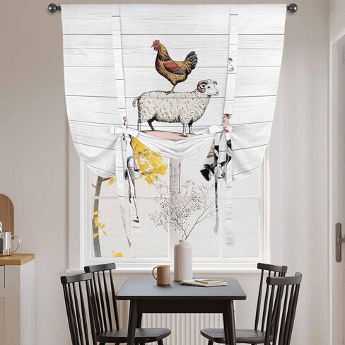 Farmhouse Wooden Grain Tie Up Curtains for Window, Modern Country Cow Pig Chicken Thermal Insulated Balloon Shade Adjustable Rod Pocket Curtains Valance Panels for Kitchen Bathroom Café 34'' x 45'' in Saudi Arabia