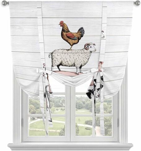 Farmhouse Wooden Grain Tie Up Curtains for Window, Modern Country Cow Pig Chicken Thermal Insulated Balloon Shade Adjustable Rod Pocket Curtains Valance Panels for Kitchen Bathroom Café 34'' x 45'' in Saudi Arabia