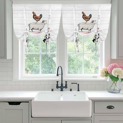 Farmhouse Wooden Grain Tie Up Curtains for Window, Modern Country Cow Pig Chicken Thermal Insulated Balloon Shade Adjustable Rod Pocket Curtains Valance Panels for Kitchen Bathroom Café 34'' x 45'' in Saudi Arabia