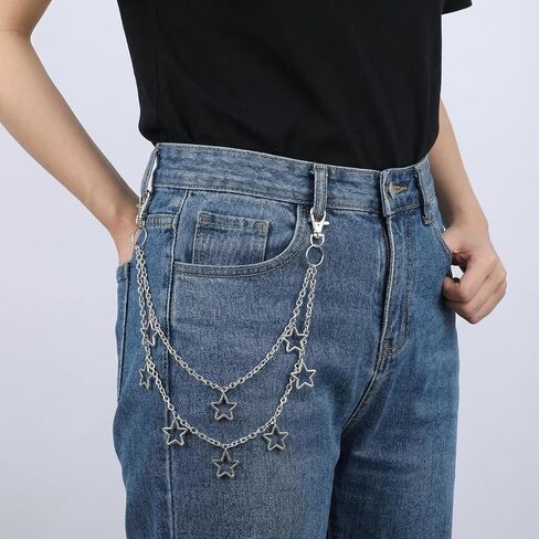 سلسلة سراويل للجنسين للجينز - سلسلة محفظة Y2k Star ذات الطبقات الشرير القوطي الهيب هوب | إكسسوار معدني فضي ثقيل مع مشبك للرجال والنساء | بنطلون منفعل، حزام، زخرفة الجيب in Kuwait